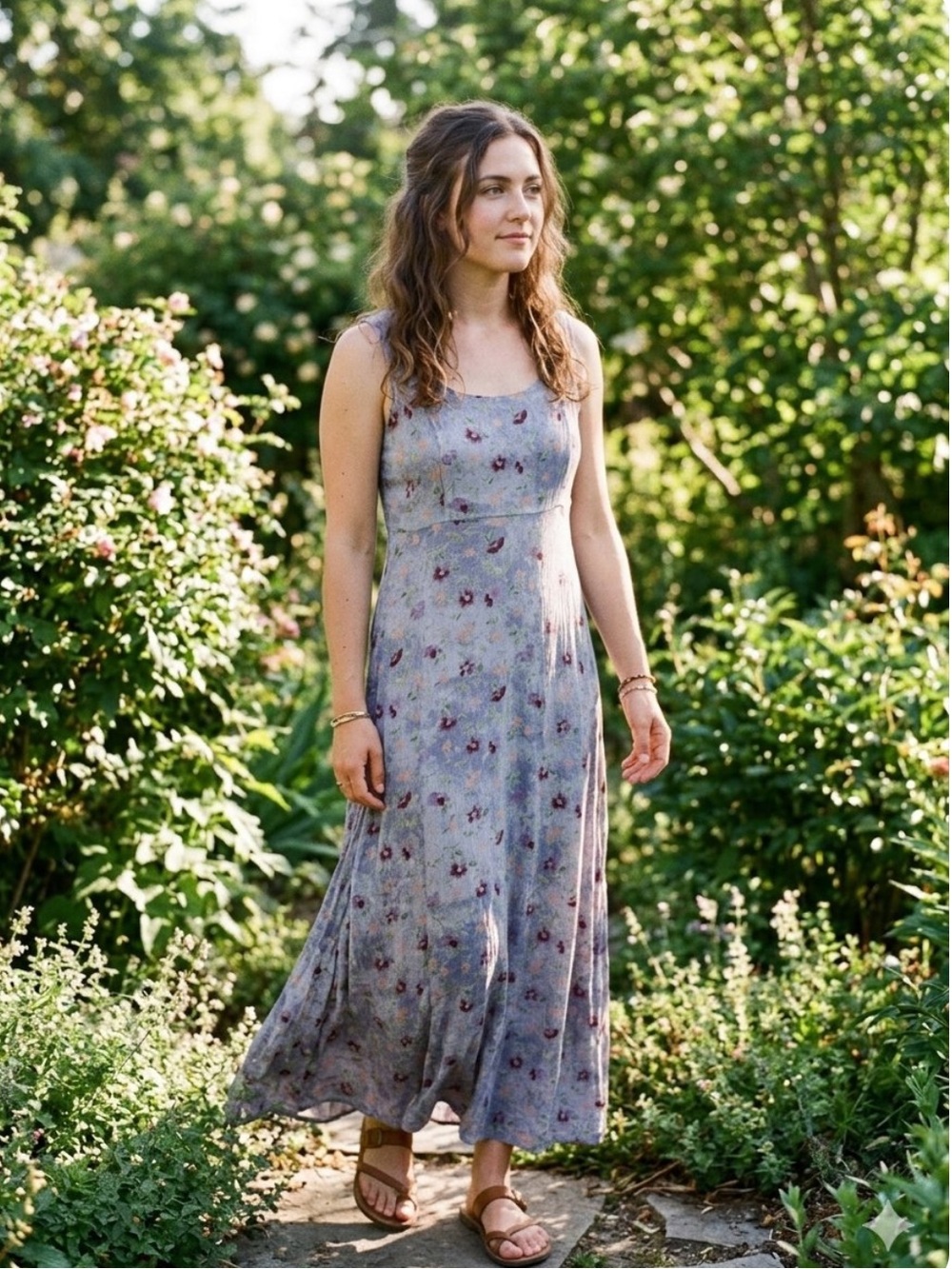 Vintage Cottagecore Rayon Maxi Dress Rabbit Designs Lavender Floral Tie-Back